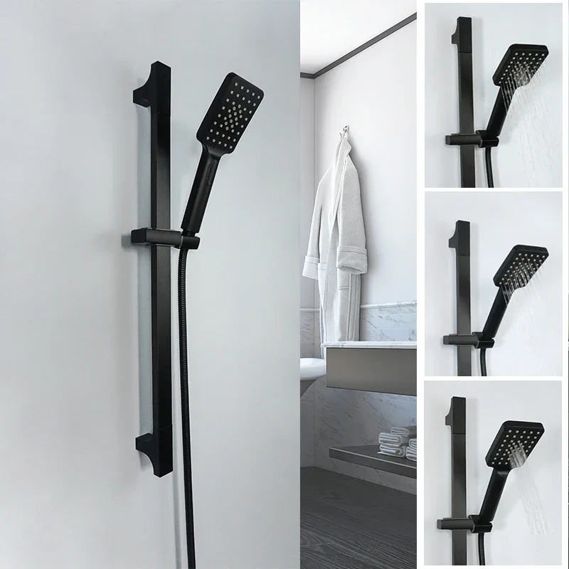 

Black Shower Slider Wall Mounted Shower Rod Adjustable Rail Set 3 Functions Shower 1.5M Hose Simple Style