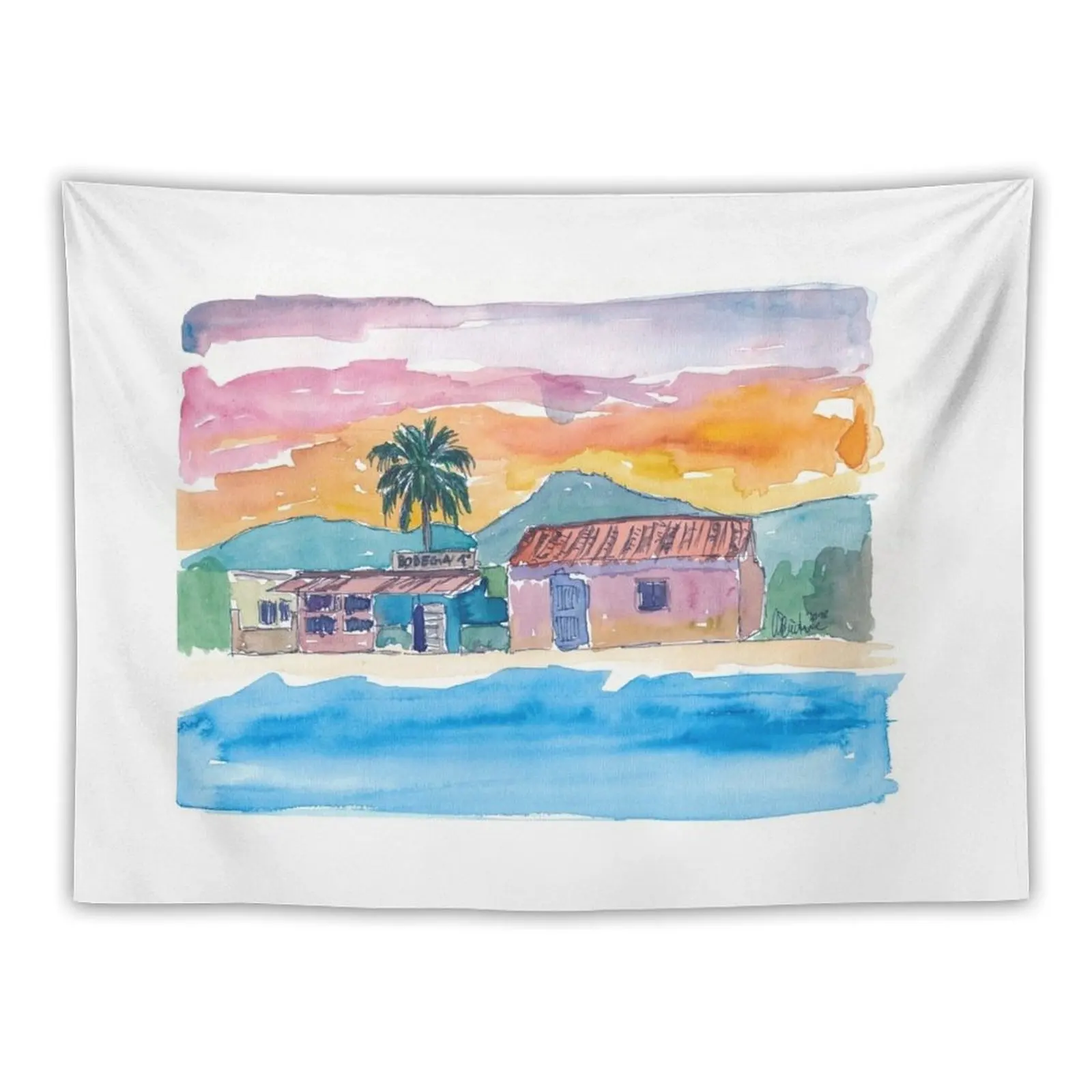 

Caribbean beach house bodega at sunset with rainforest in the background Tapestry Home And Comfort Decor Tapestry