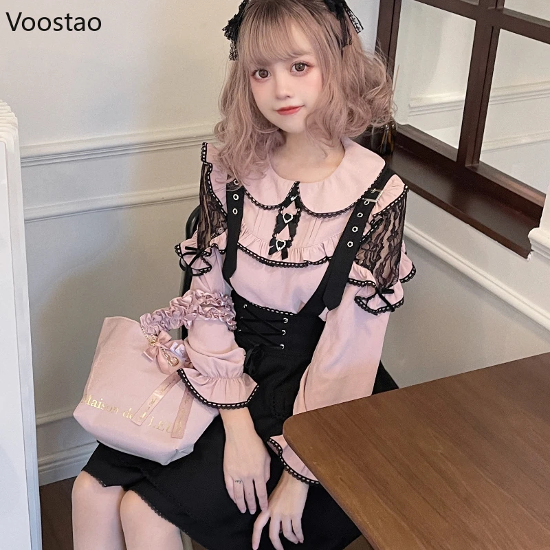 Kawaii Lolita Black Pink Shirts Y2k Aesthetic Japanese Women Gothic Lace Ruffles Long Sleeve Blouses Elegant Girls Sweet Tops