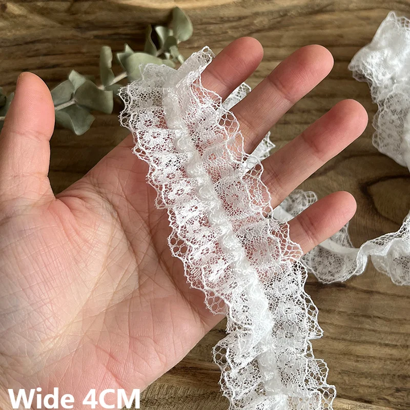 4CM Wide Double Layers White Black Mesh Embroidery Stretch Lace Ribbon Elastic Ruffle Trim Dress Collar DIY Sewing Guipure Decor