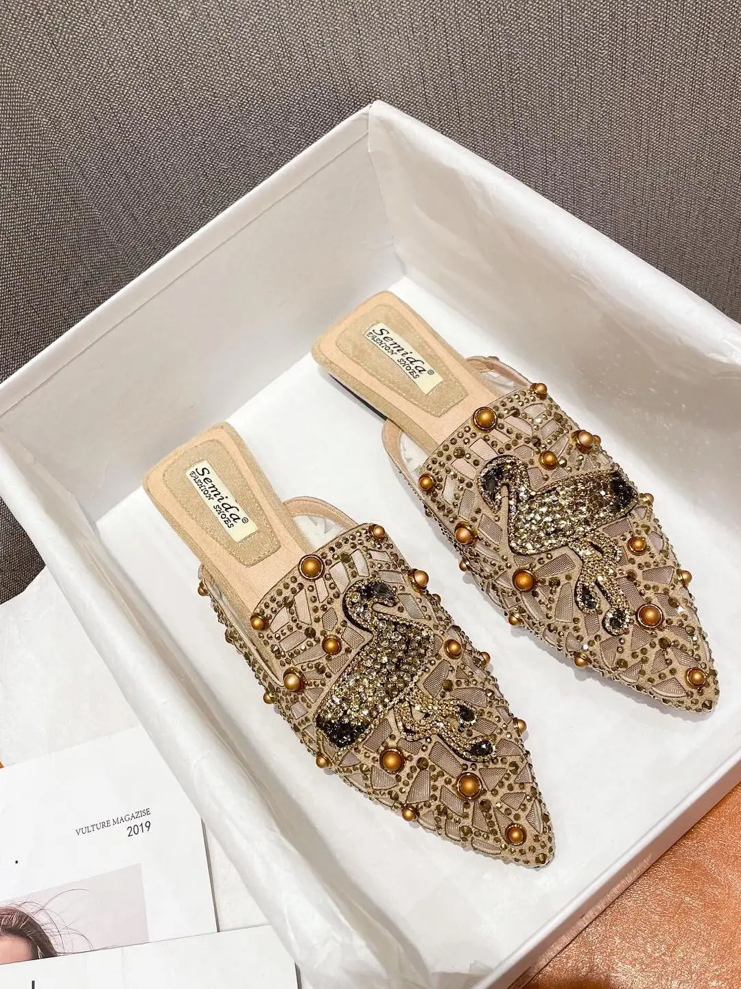 Fashionable Half Slippers for Women Summer Outdoor Wear Diamond Decorated Pointed Toe Mesh Sandals Low Heel Rubber Bottom