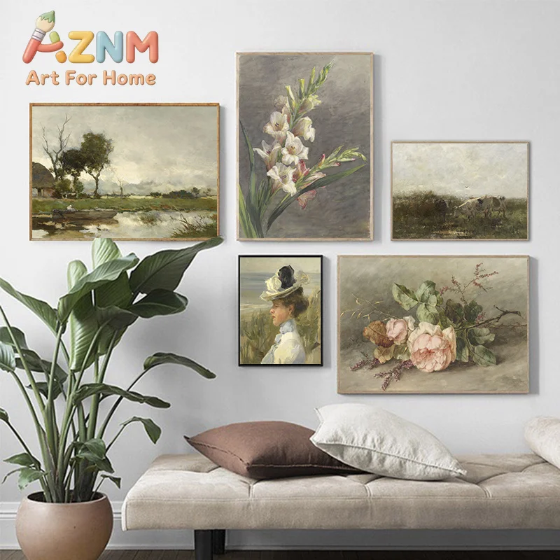 Vintage Country Landscape Flower Woman canvas Painting On Canvas Posters Neutral Farmhouse Wall Art Prints Pictures Home Deco