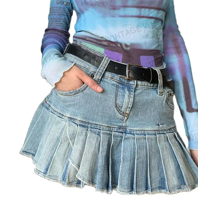 Short Skirt Ruffled Pleated High Waist A- Line Denim American Retro Hot Girl Summer Skirt Personality All-Match Summer NewCotton