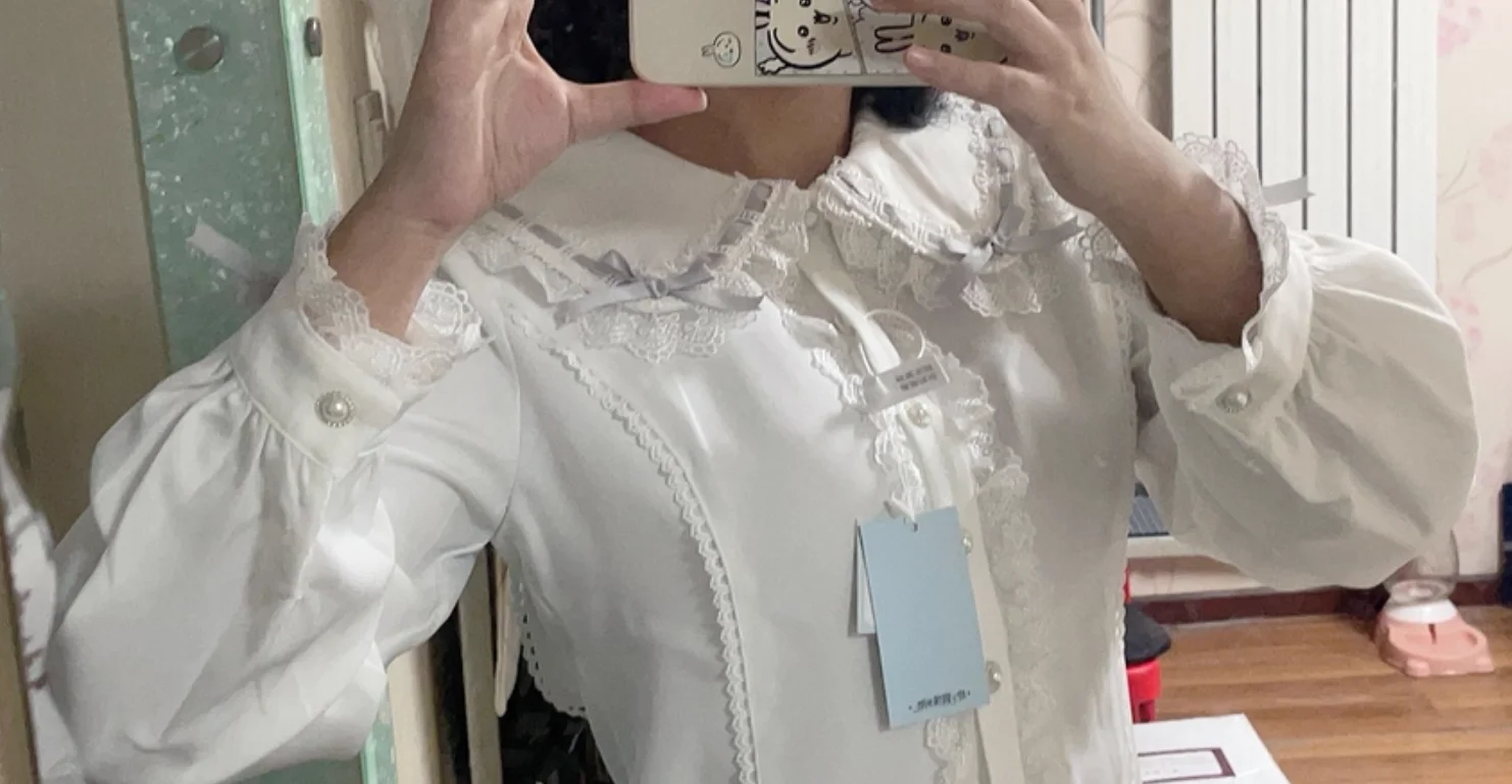 

Spring Autumn New Doll Collar Rabbit Ear Shirt with Bow Lace Long Sleeve Original Design Mass-Produced Japanese Style White Top