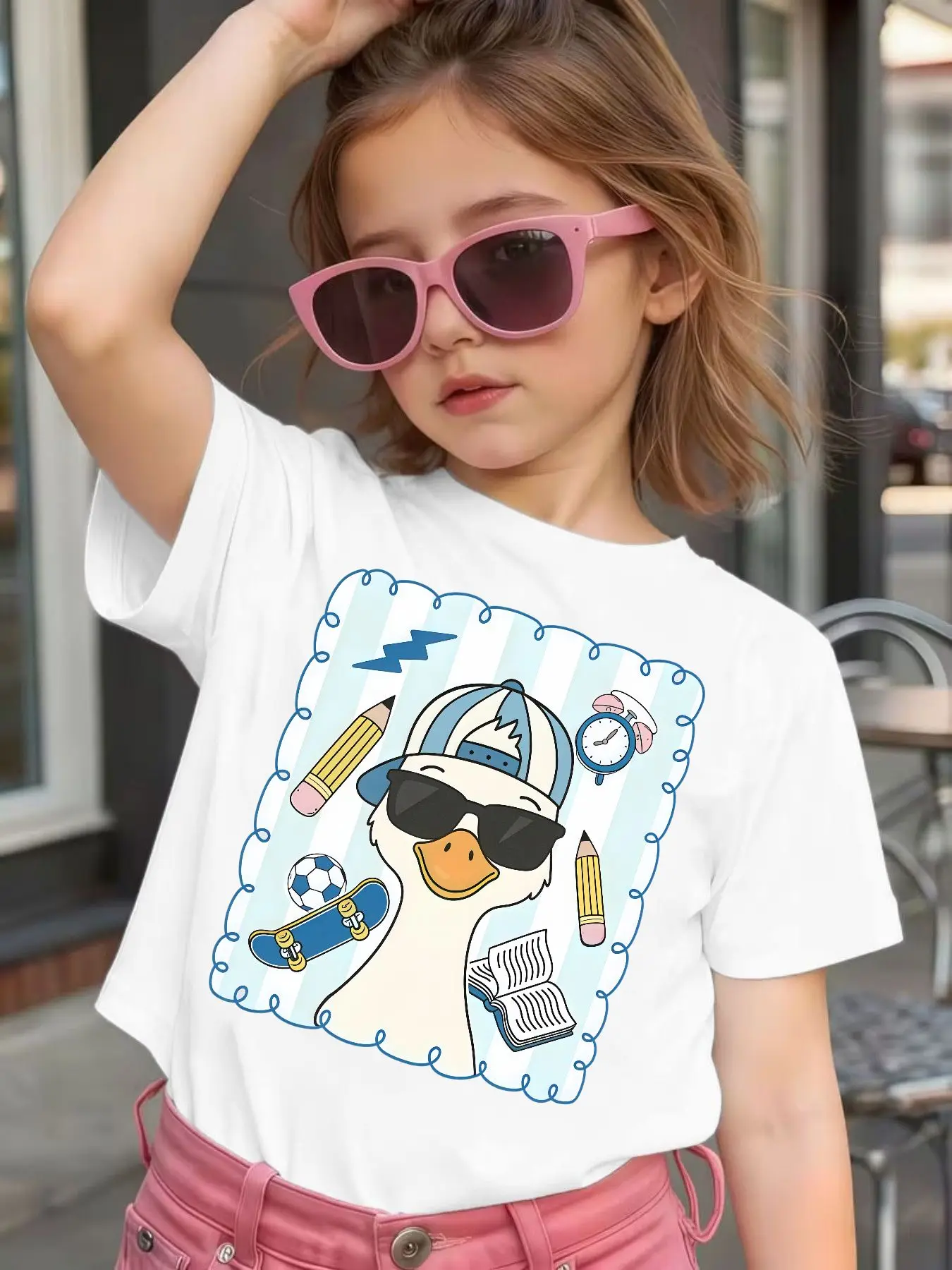 Cute Cool Duck Sport School Cartoon Graphic Kids Tee Boys Girls Family Matching Cotton Crew Neck Short Sleeve Soft Summer Tee