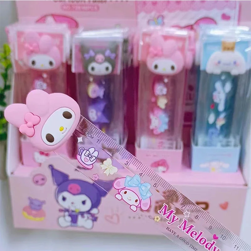 New 4Pcs Sanrio MyMelody Kuromi Cinnamoroll 15cm Transparent Plastic Straight Ruler Creative Cartoon Bookmark Stationery Gift