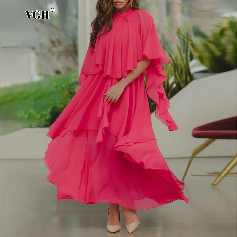 

VGH Minimalist Loose Ruffles Long Dress for Women Round Neck Half Sleeve High Waist Vintage Chic Casual Dresses Female Fashion