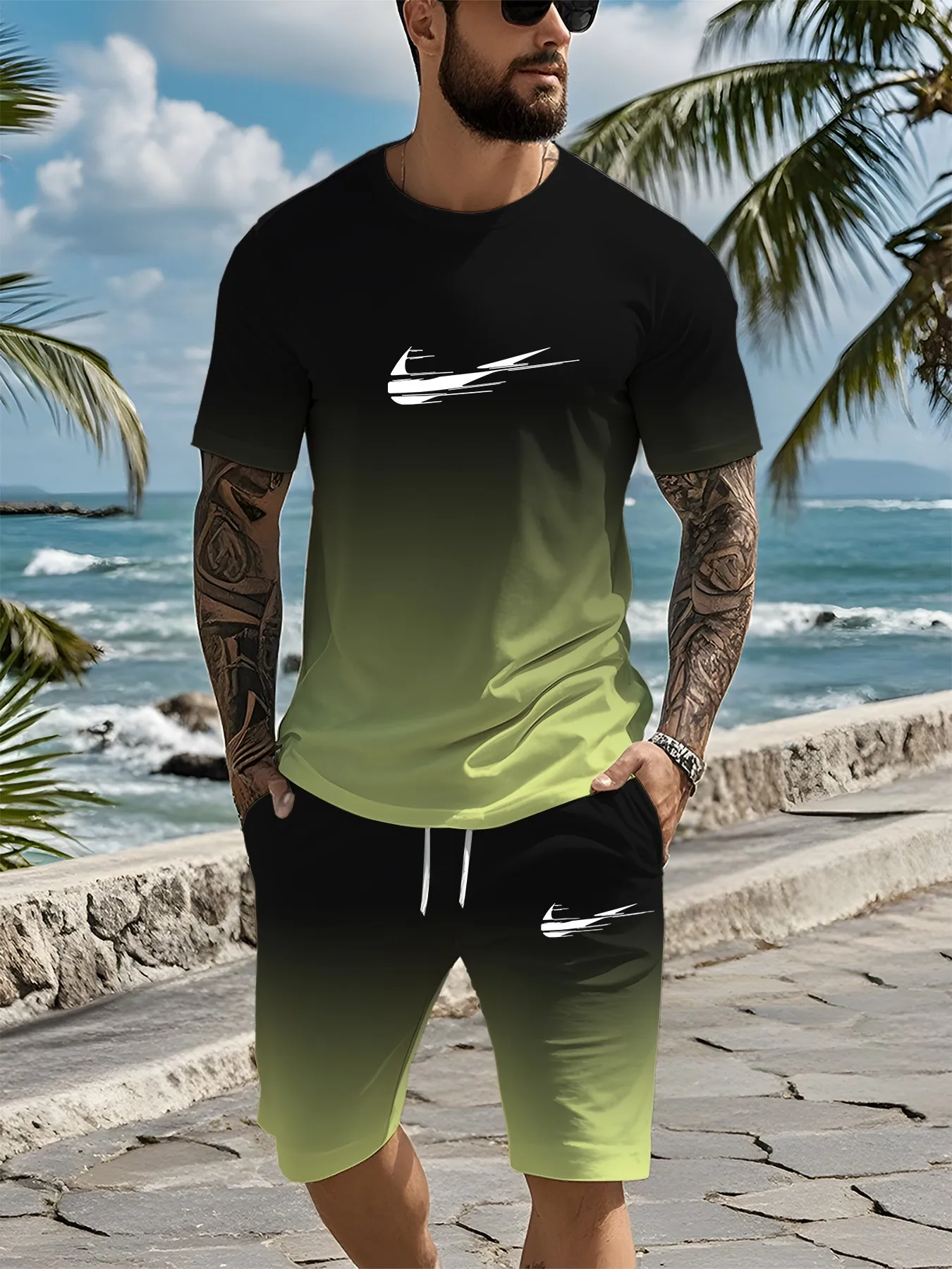 Summer men's short sleeved shorts set 3D printed retro short sleeved casual loose casual shorts men's set lightweight breathable