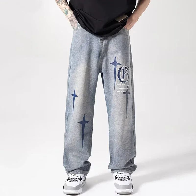 

Мужской графический дизайн High Street Джинсовые брюки Мужские брендовые популярные свободные прямые джинсы Ретро стирка Широкие повседневные джинсовые брюки