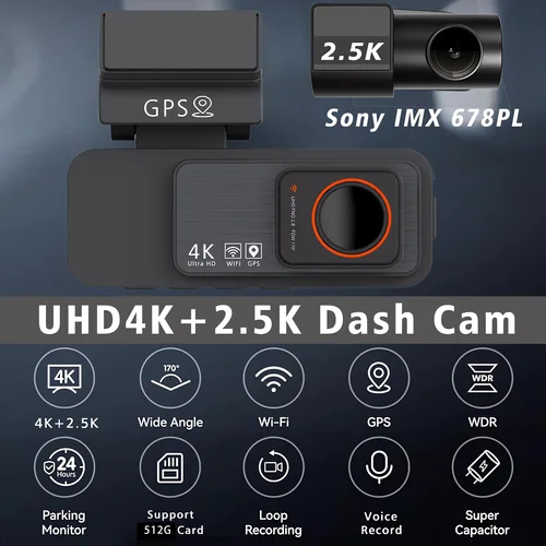 Imagen 2 del producto Cámara de salpicadero de doble lente, grabación 4K UHD, cámara de coche DVR, grabadora de vídeo de visión nocturna, GPS, Wi-Fi, caja negra, cámara de visión trasera de 2,5 K