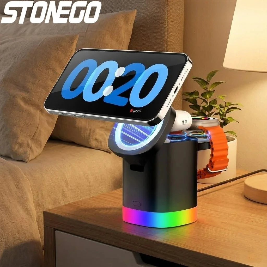 

Беспроводная зарядная станция 3-в-1 для iPhone 16/15/14/13/12 Pro/Max/Mini: быстрая магнитная зарядка для устройств Apple