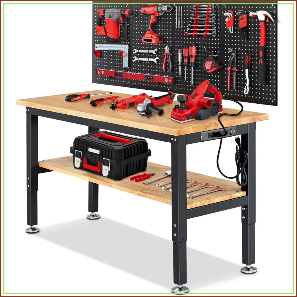 60 In Heavy Duty Adjustable Height Workbench Rubberwood Top Storage Shelf Power Outlets