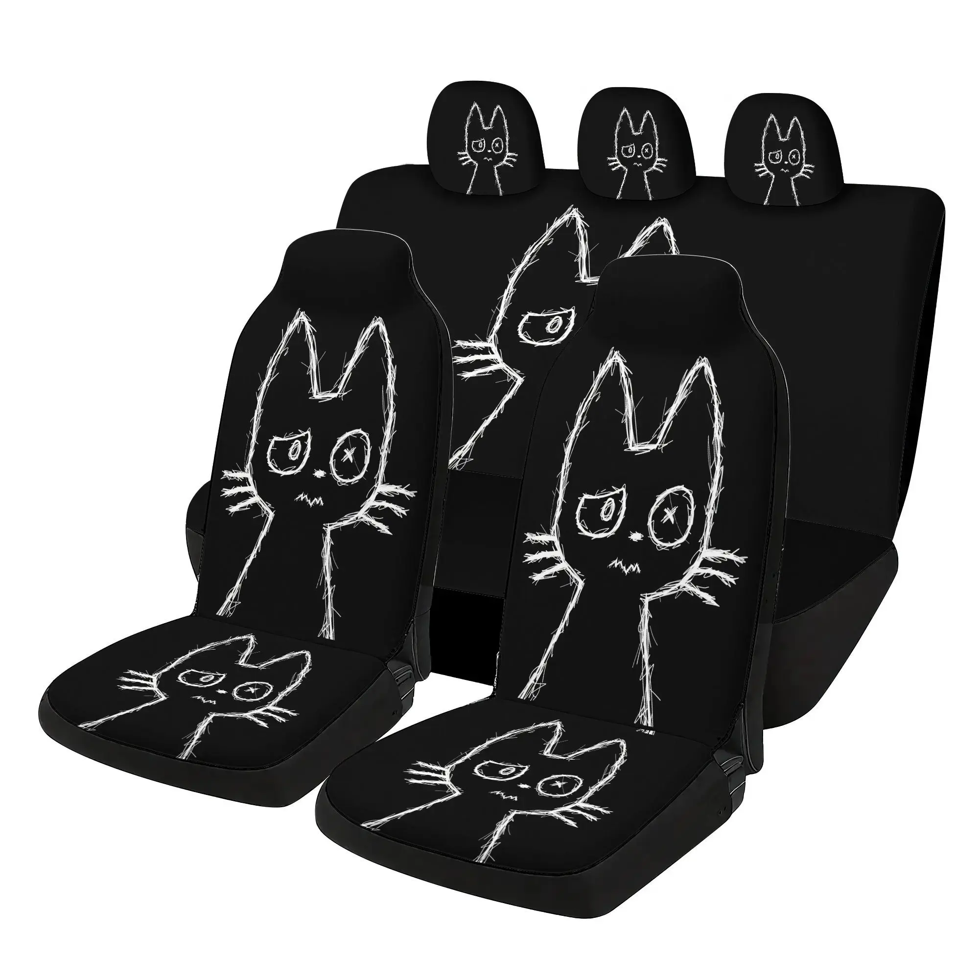 Juego de fundas para coche con diseño de gato estilo garabato dibujado a mano - 7 piezas, incluye 2 fundas delanteras + 1 funda trasera