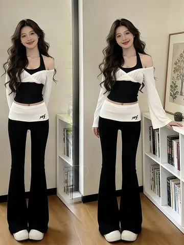 Sexy Pure Desire Fake Two-Piece Top Set Women Early Autumn Design Casual Pants Two-Piece Set round Neck Lace Shirt Casual Wear