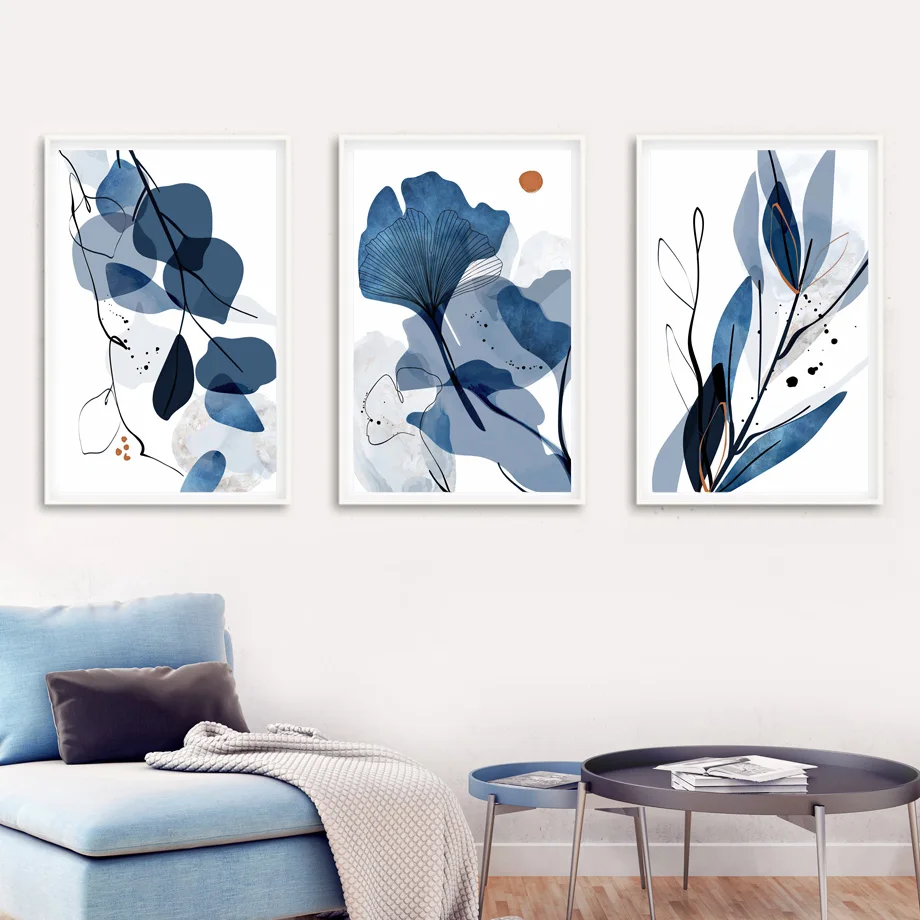 Boho Blue Abstract Leaves Geometric Modern Gallery Wall Art Prints Posters Canvas Painting Pictures For Living Room Home Decor