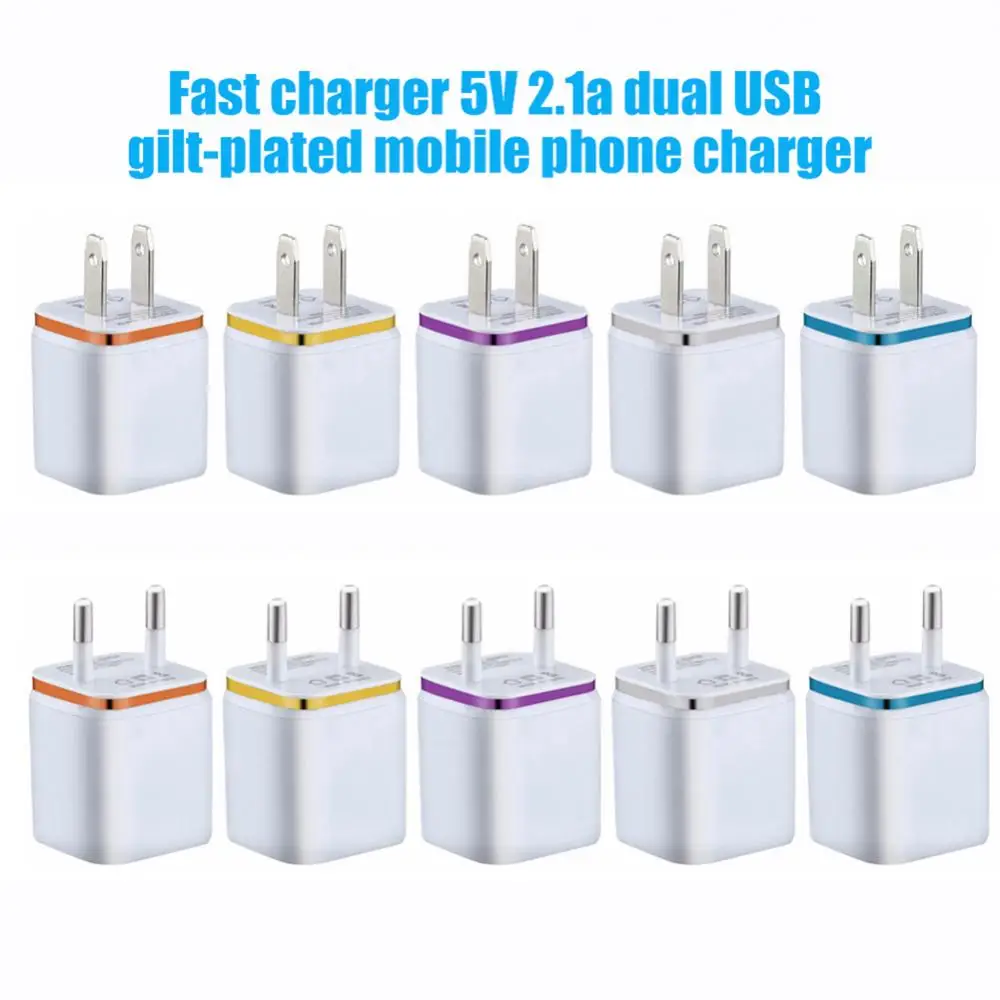 Portable 5V 2.1A Dual USB Ports Color Edge Quick Charging Wall Charger Electroplating Phone Power Adapter Travel Charging Head