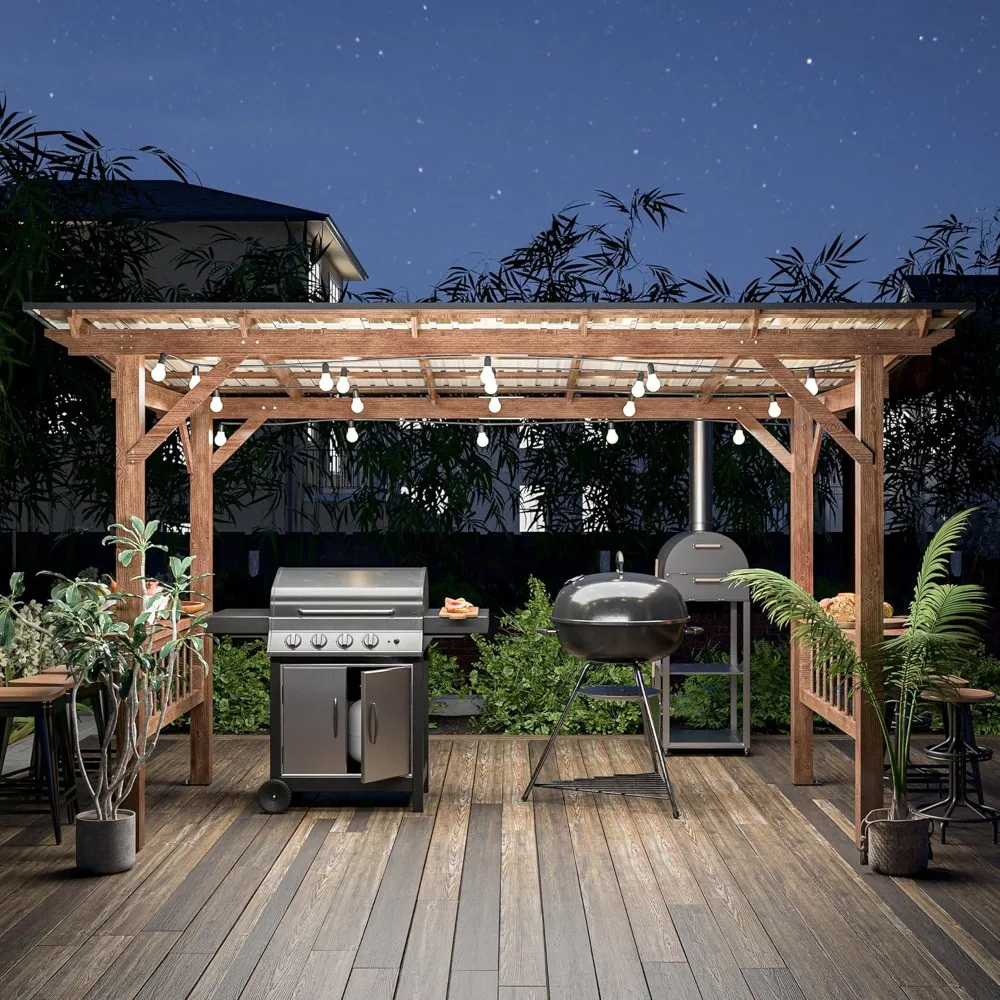 

13x6 hardtop barbecue pavilion with galvanized steel roof, outdoor terrace pavilion with 2 side storage racks and string lights