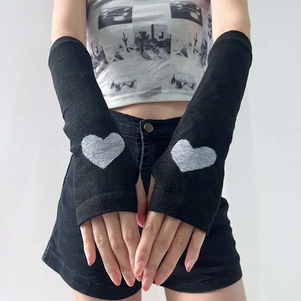 Black Stars/Love Pattern Fingerless Gloves Cuff Women Hip-hop Gloves Elbow Mittens Arm Warmer JK Style Girl Mittens Hand Cover