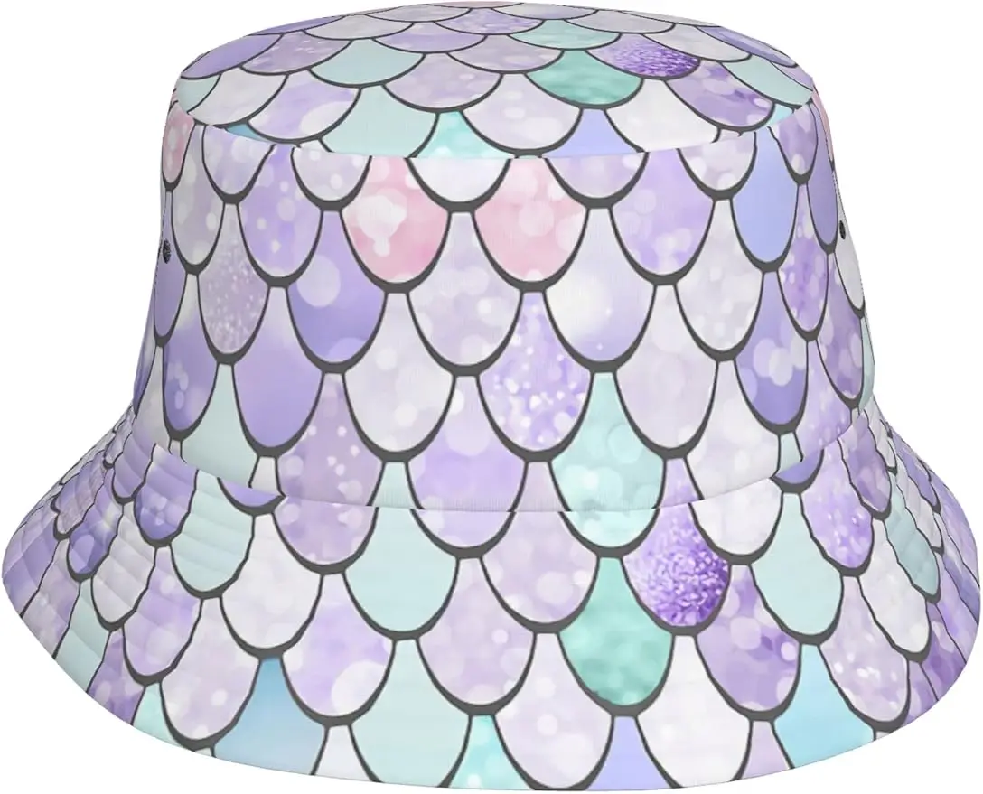 Unisex Fashion Bucket Hat Summer Mermaid Scales Pastel Pink Purple Aqua Teal Fisherman Cap for Men Women Teens