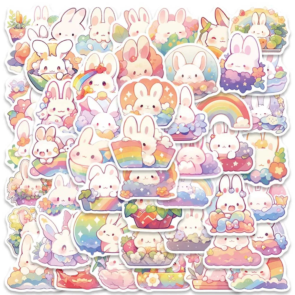 50pcs Cute Cartoon Rainbow Rabbite Animal Stickers For Laptop Phone Guitar Luggage Waterproof Graffiti Vinyl Car Decals