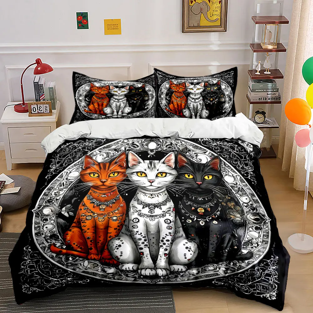 

Three cats with ornate accessories Pattern Duvet Cover Set Digital Print Colorful Polyester Bedding with Zipper Closur for gifts