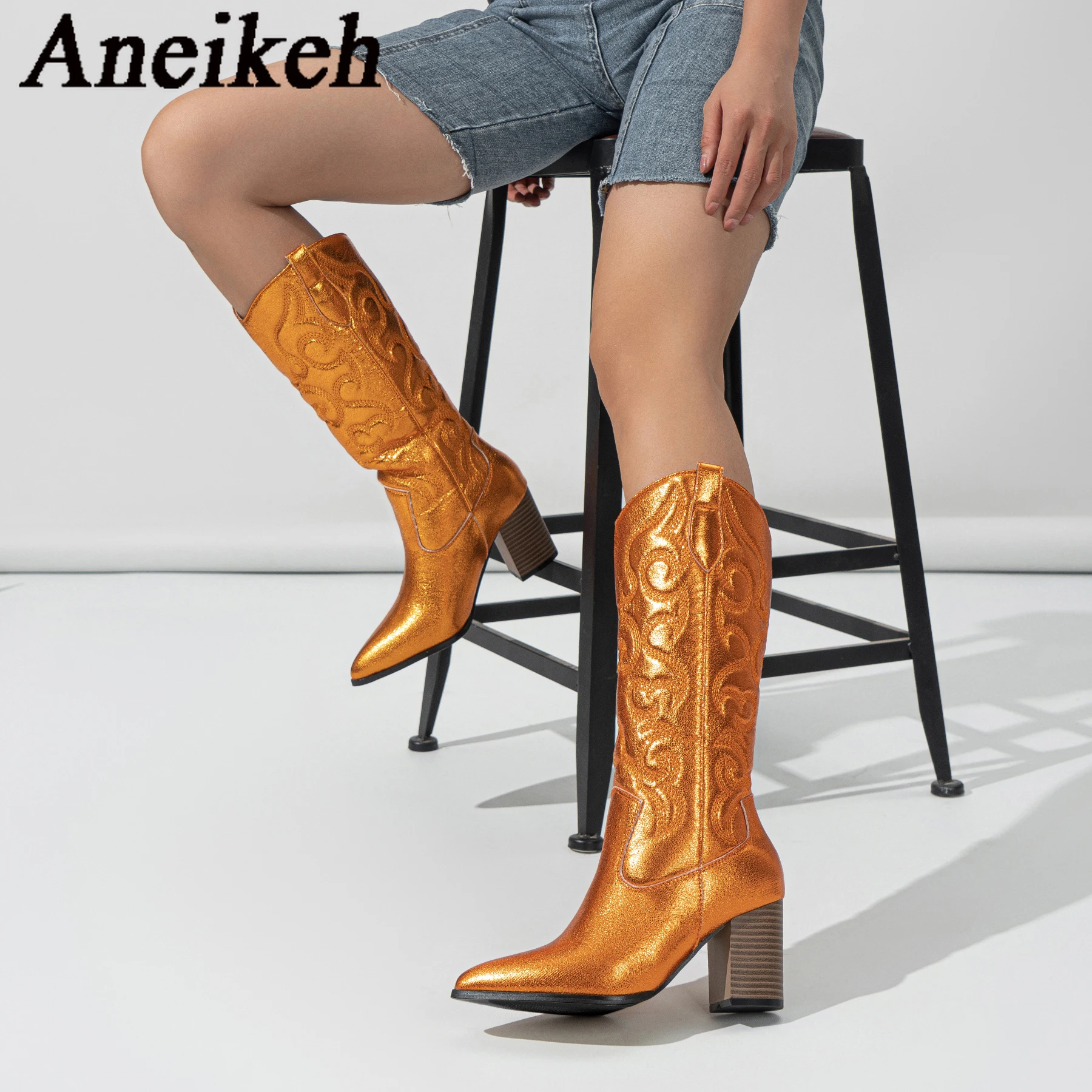 Aneikeh New Western Boots Soft Embroidered Flowers Personalized Pointed Thick Heels High Heels Ethnic Style Knee-High Long Boots