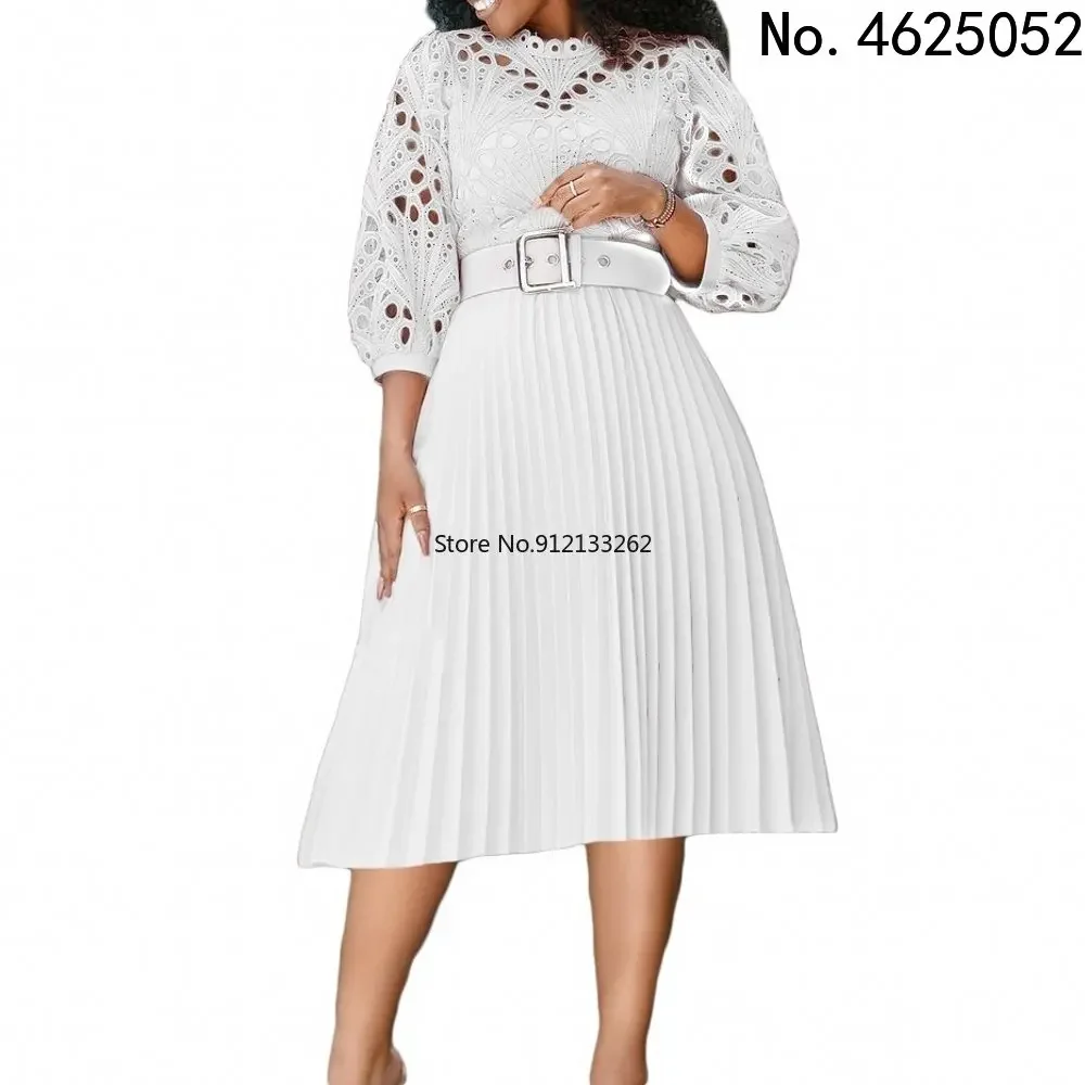 Chic White Pleated Dress Hollow Out Lace Midi Dresses Puff Sleeve Spring Summer Big Size Elegant Fashion Party Birthday Gowns