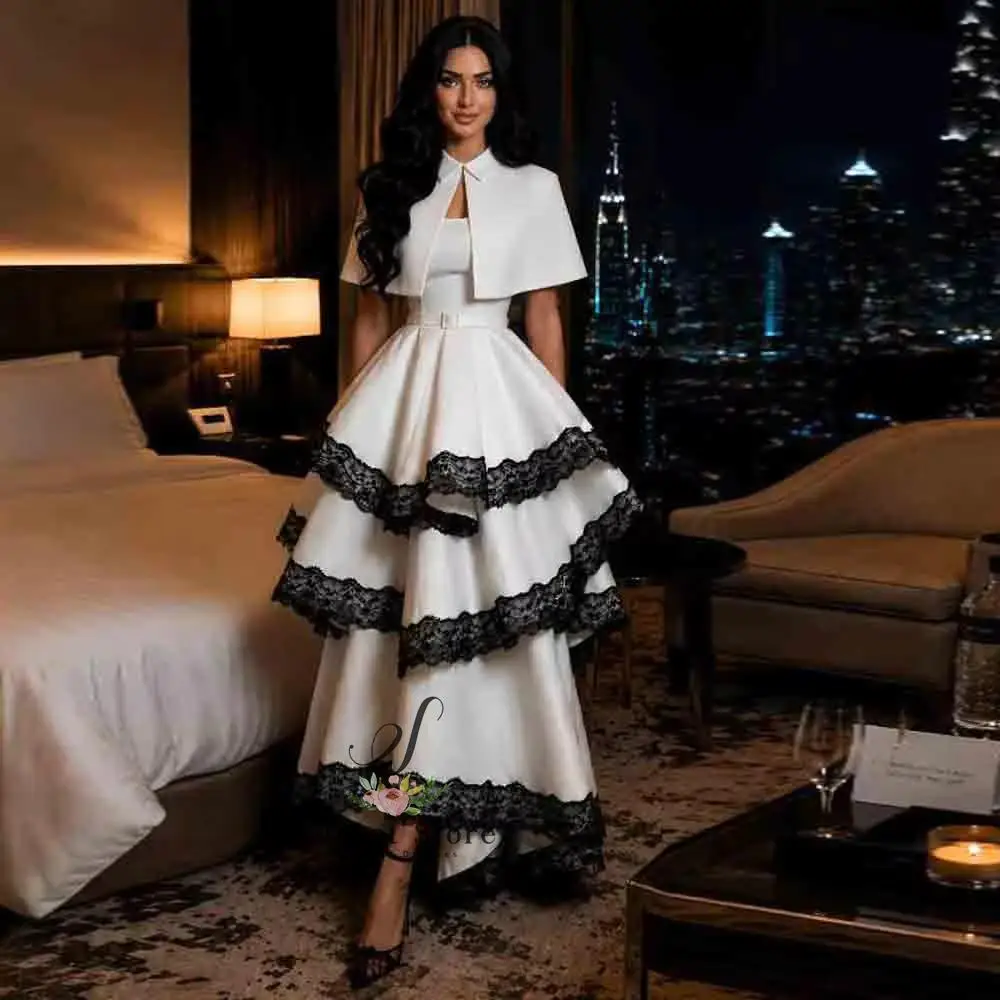 Customized  Evening Dress with Short Cape Strapless A Line Formal Prom Gown Black Lace Detail Wedding Party Outfit