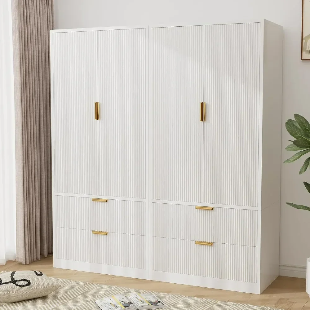 

2 Pack 70" Wardrobe Closet with Doors and Drawers, Hanging Rod, Gold Handles, Modern Wooden Armoire Wardrobe Closet, Wardrobes