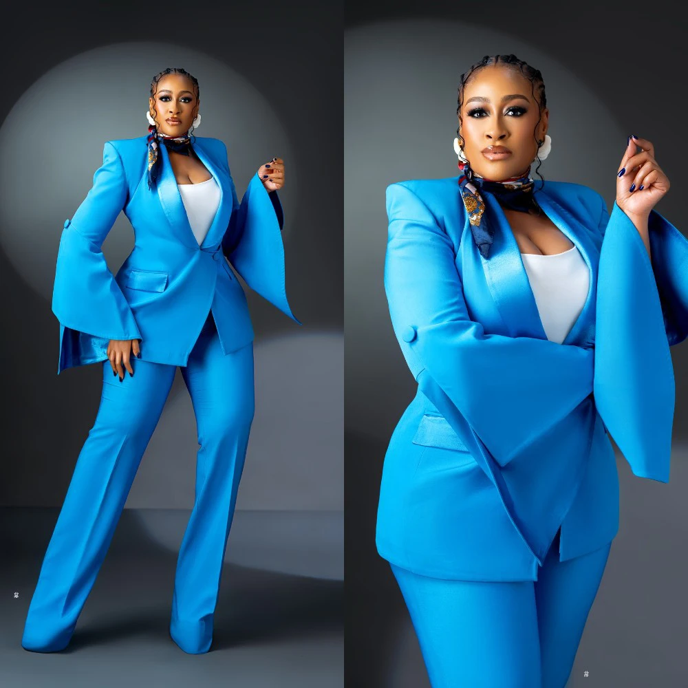 Spring Plus Size Women Pants Suits Bell Sleeve Customized Formal Lady Wear Guest Wedding Formal Party Blazer Sets