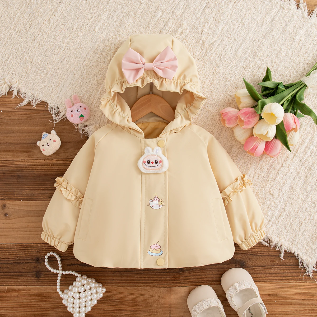 

Spring And Autumn New Bow Hooded Baby Girl Coat, Korean Style Solid Color Long Sleeve Children'S Clothing (0-4 Years Old)