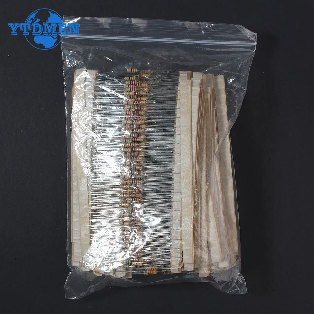 Kit surtido de resistencias de 1/4W, juego de resistencias de película de carbono de 1000 W, 0,25 Ohm ~ 2,2 M Ohm, 50 tipos, 2,2 piezas