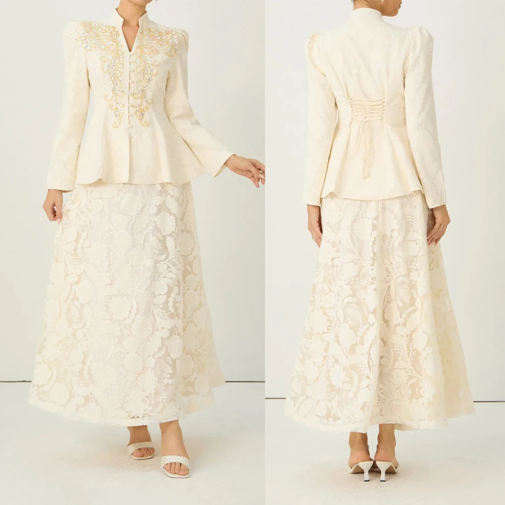 

Women's Dresses Suit Gowns Elegant Appliques Peaked Lapel Jacket Coat And Pants For Female Satin 2 Pieces Suit Customized W502