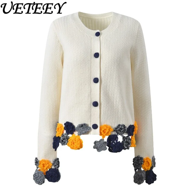 

Autumn New Sweet Girls Versatile Single-Breasted Handmade Crochet Sweater Fashionable Round Neck Knitted Cardigan Jacket