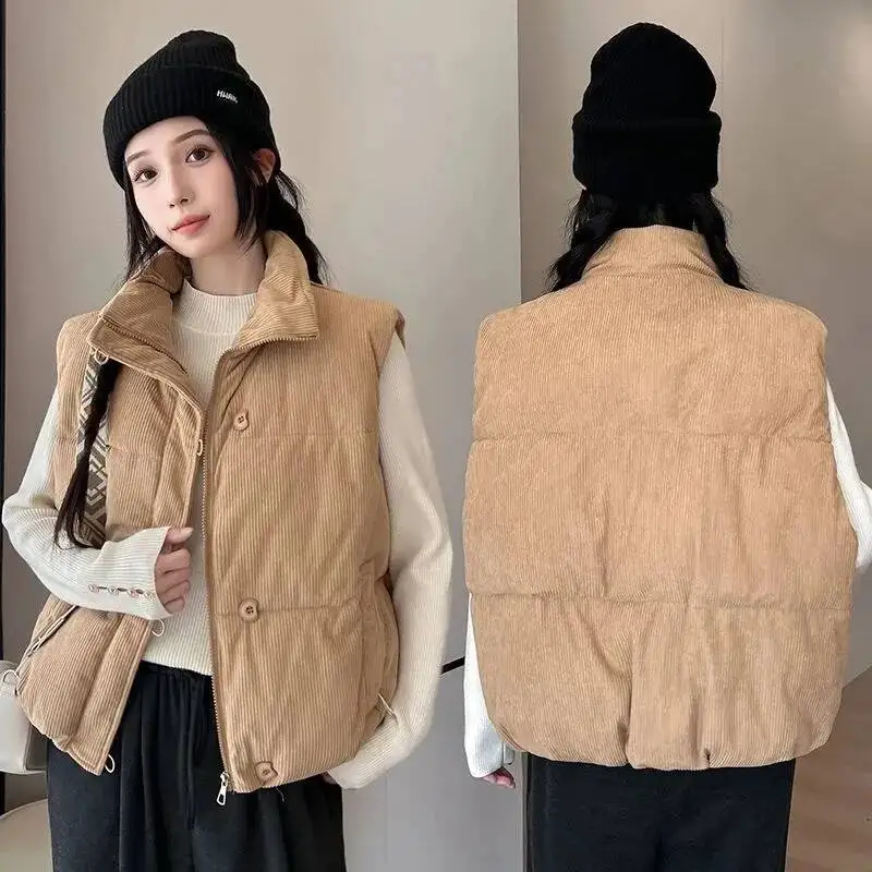 

Women's Vest 2025 Autumn Winter Warm Sleeveless Ladies Cotton Waistcoat Solid Color Loose Stand Collar Female Jacket