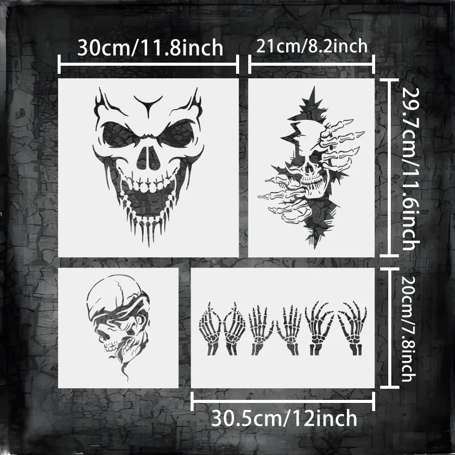 14-teiliges wiederverwendbares Totenkopf-Malschablonen-Set, 20,3–30,5 cm große Skelett-Kopf-Vorlagen für Wand, Holz, Stoff, DIY, Basteln, Karten, Scrapbooking