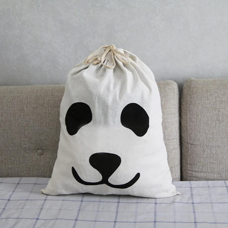 Animal Stripe Pattern Cotton Laundry Bag Cute Basket Toy Home Canvas Storage Bag Drawstring Dirty Clothes Organizer Bag