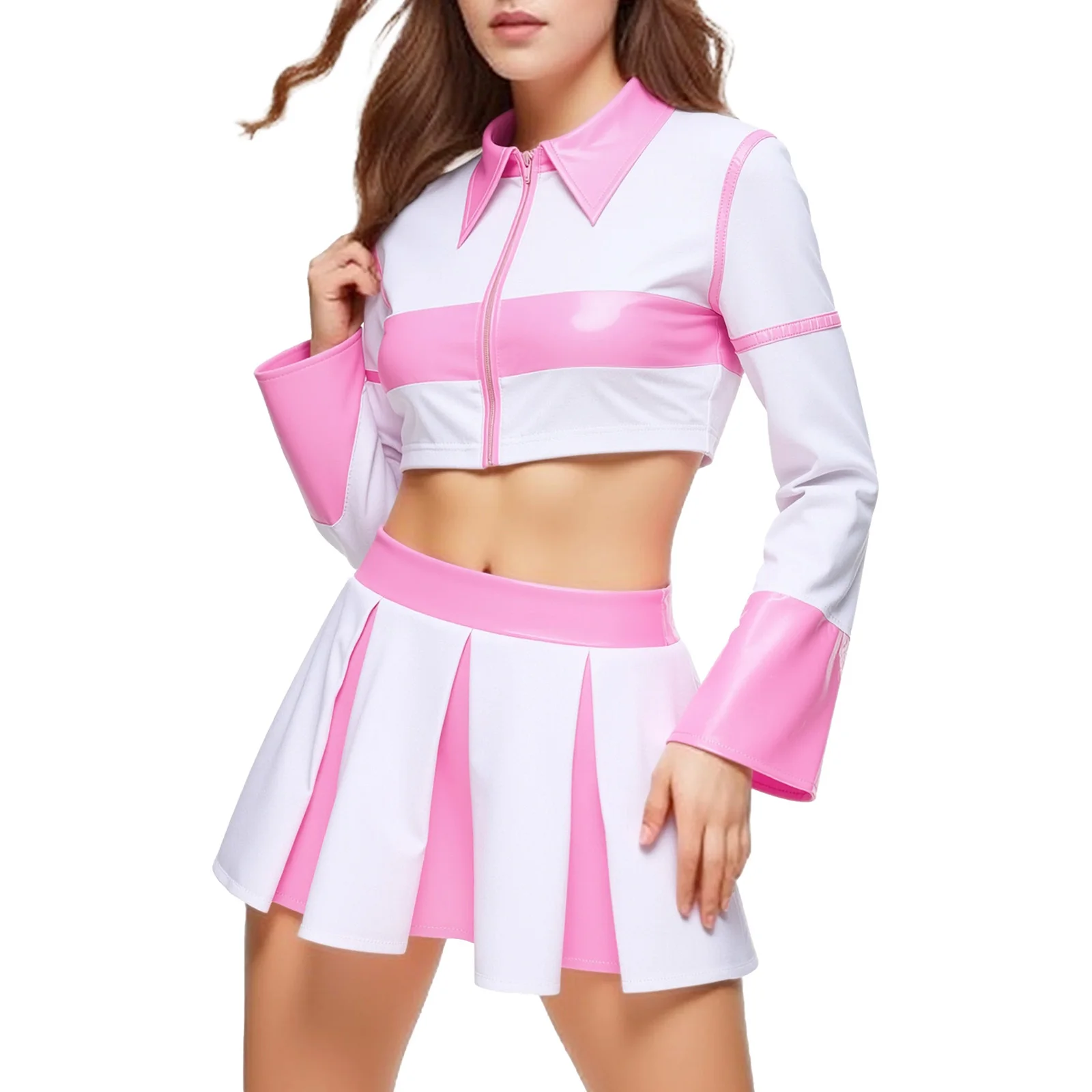 

Женский костюм для косплея в стиле аниме, расклешенный укороченный топ с длинными рукавами и плиссированная мини-юбка для клубной вечеринки, танцевальный сценический матч для черлидинга