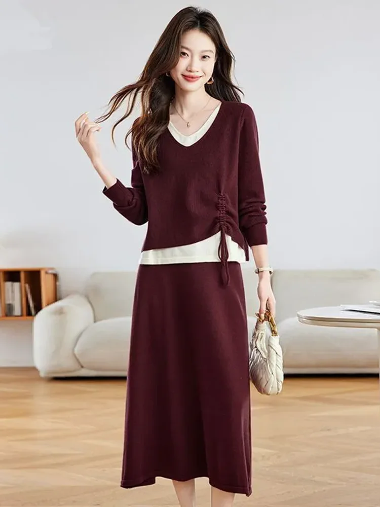 Korean Fashion Knitted 2 Pieces Sets Women Casual Spliced V-neck Sweater Pullover Tops Conjuntos Elastic Waist Skirts Outfit New