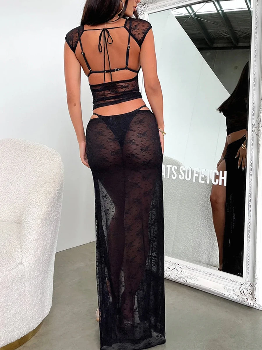 Women Lace Floral Maxi Skirt Outfit Sheer Mesh Crop Tank Top See Through Side Slit Long Skirt Set 2 Piece Beach Cover Up