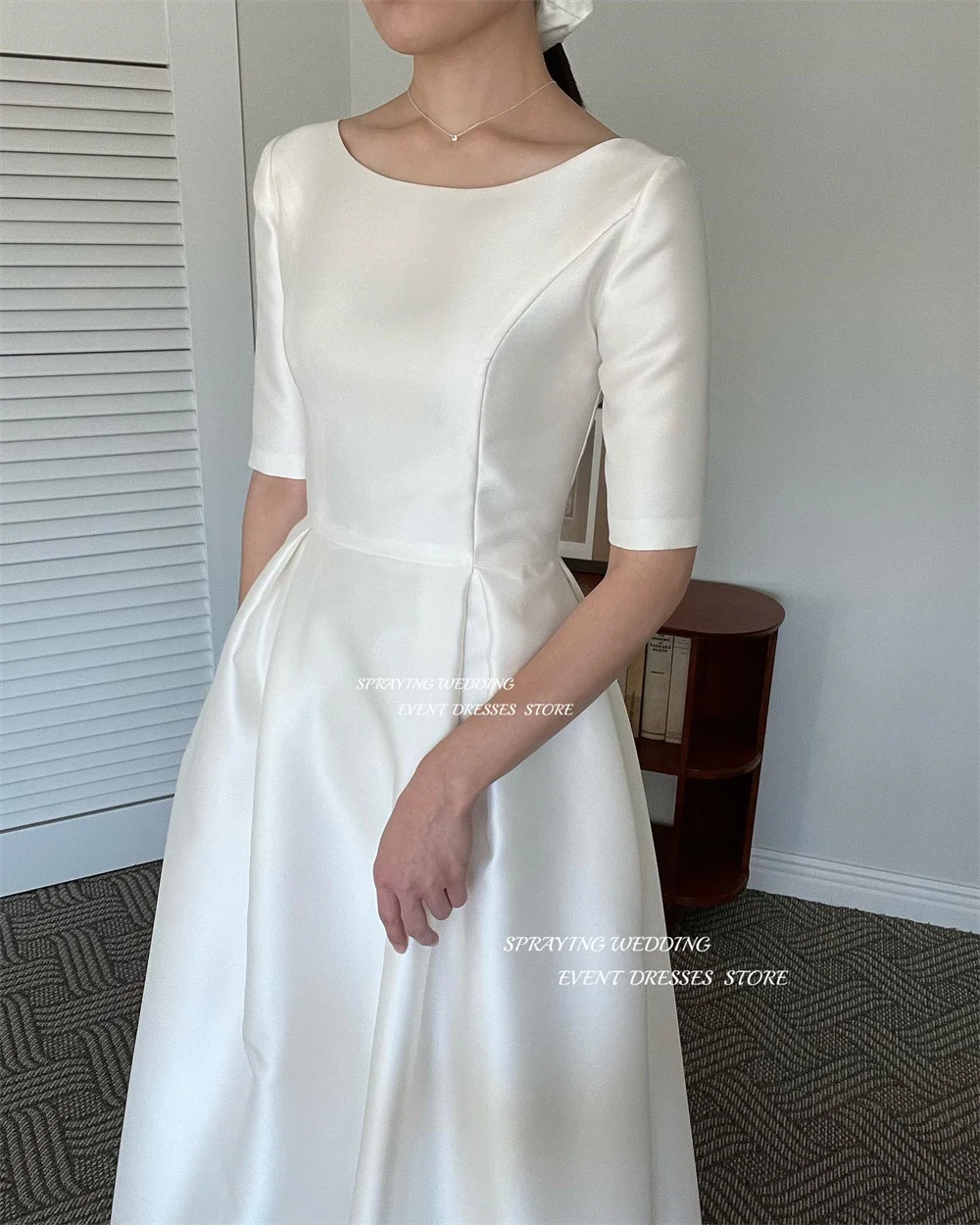 SPRAYING Simple O Neck Korea Wedding Dress Photo Shoot A Line Satin Half Sleeve Floor Length Bridal Gown Corset Back