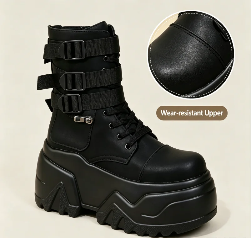 Neue schwarze Plateau-Stiefel im spanischen Stil, mittelhohe Stiefel mit seitlichem Reißverschluss und Schnürung, dunkle Punk-Ritterstiefel mit mehreren Riemen und Schnallen, die die Körpergröße optisch erhöhen. – Detail 8