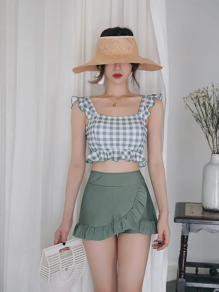 

Новый женский купальник-двойка 202 с юбкой, для небольшой груди, с эффектом утяжки живота, корректирующий фигуру, нейлоновый, на одно плечо