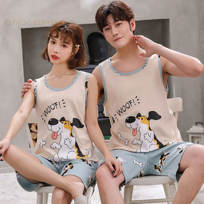 Summer New 100% Cotton Cartoon Print Couple Pajama Set Pyjamas Kawaii Sleep Lounge Sleeveless Sleepwear Suits Pajamas for Lovers