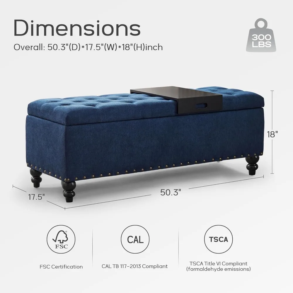 مقعد عثماني للتخزين مقاس 51 بوصة مع صينية قابلة للإزالة، مقعد غرفة نوم مع أزرار معنقدة، مسند بمفصلة أمان في F منجد