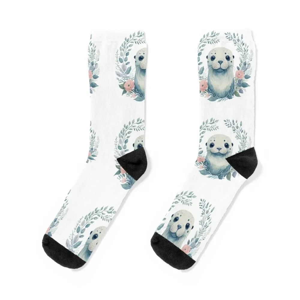 

Cute little seal in a floral wreath - pastel watercolor portrait. Socks hockey Run Antiskid soccer Ladies Socks Men's