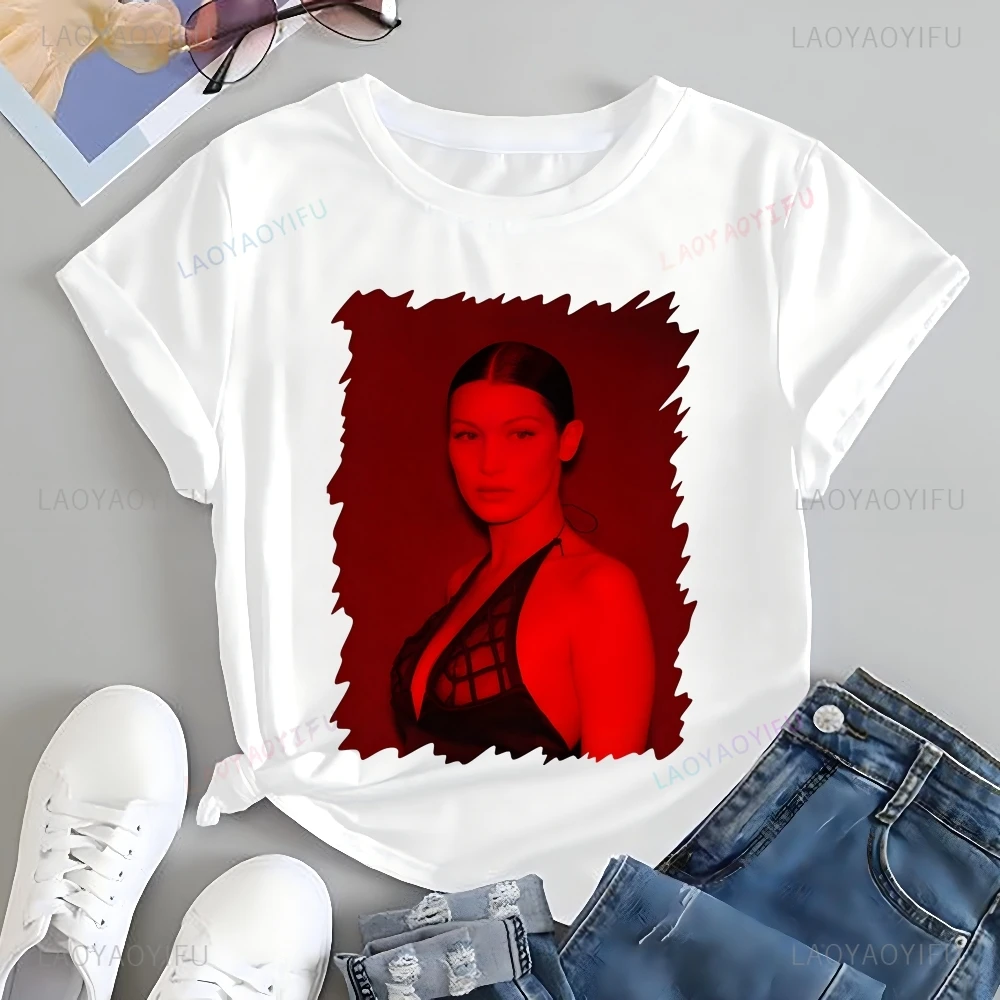 Vintage Bella Sexy Beauty Hadid Model Printed T-shirt Top Neutral Trend Harajuku Short Sleeve Unisex Shirt Pattern Large T-shirt