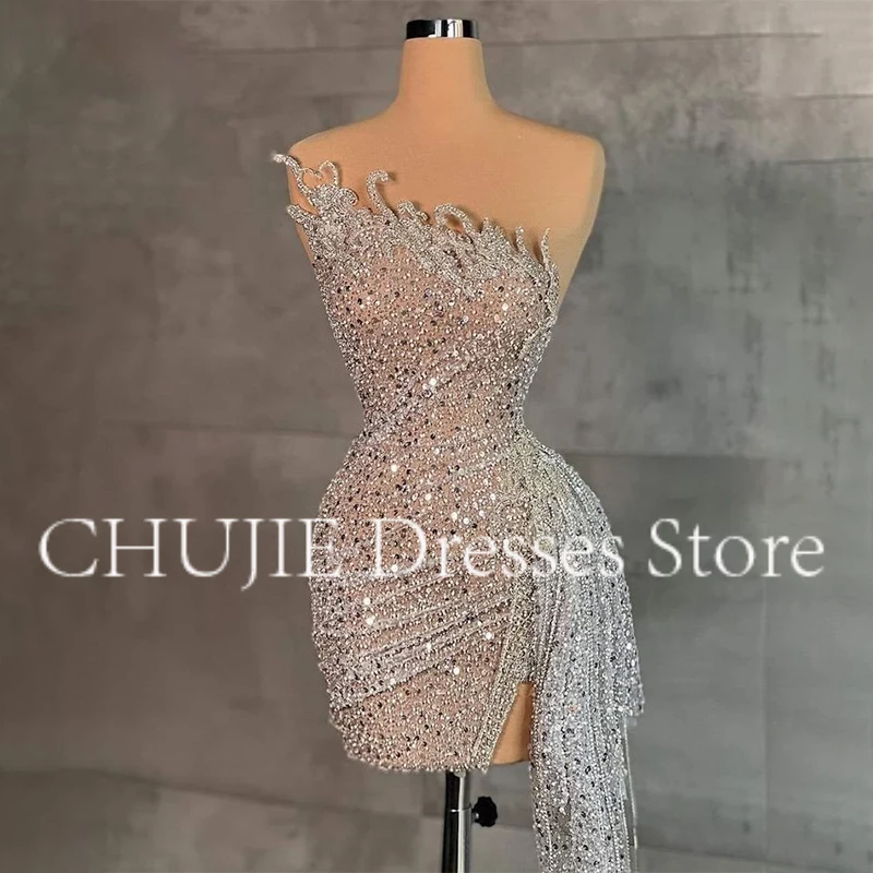 

Sequins Graduation Dress ﻿Customized Beads Cocktail Dresses Mermaid Strapless For Woman Wedding Prom Gown Mini Homecoming Dress