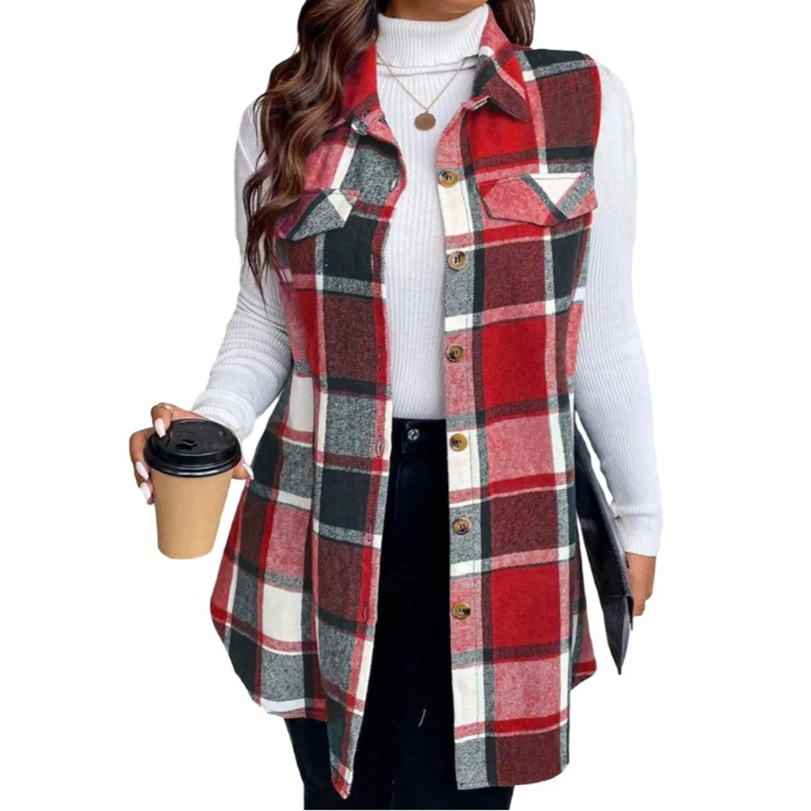 Women Plaid Vest Jacket Lapel Collar Sleeveless Shacket Jacket With Pockets Casual Autumn Winter Outwear Coats