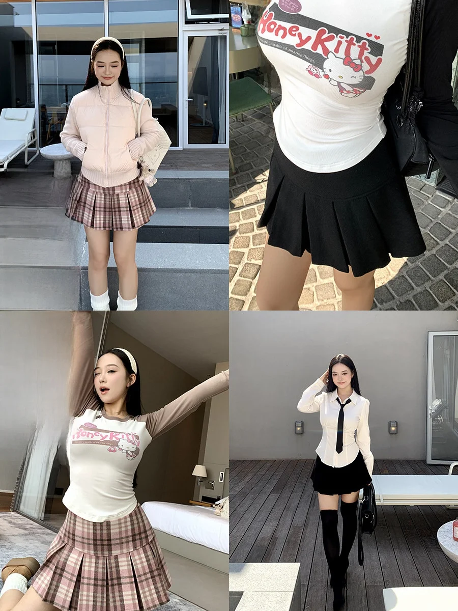 

Юбка Cherry Girl осенне-зимняя, плиссированная, шерстяная, А-силуэт, больших размеров, школьная, в стиле ретро, приталенная